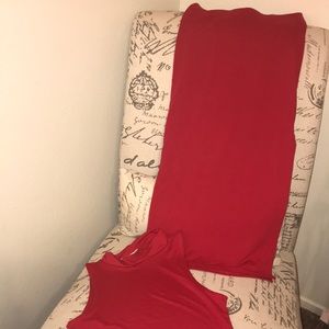 Red Mock Neck Crop Top Midi Slit Skirt Set